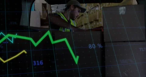 Warehouse worker entering aisle stacking box and sorting stock, data overlay Stock Footage 319852007