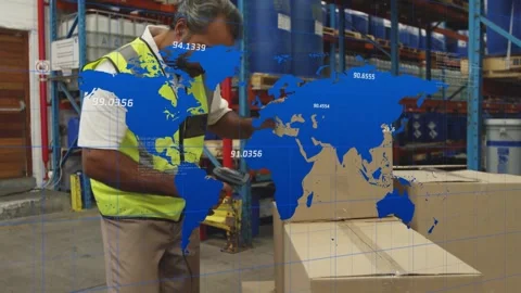 Warehouse worker grabbing scanner, scanning boxes, aligning stack, checking Stock Footage 333277937