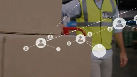 Warehouse worker grasping box, stacking, steering pallet jack shipping boxes, Stock Footage 330581420