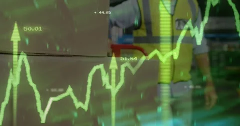 Warehouse worker gripping box initiating green inventory graph while loading Stock Footage 317869410