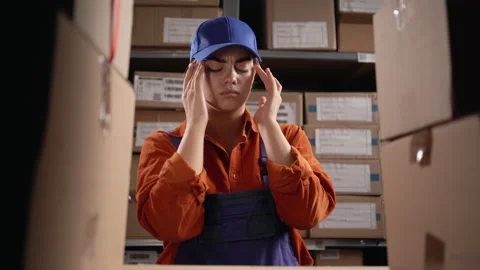 Warehouse worker having problems and stress at work. Female employee having Stock Footage 250166081