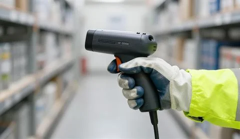 Warehouse Worker Holding Barcode Scanner for Inventory Control Photos