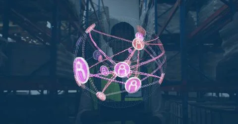 Warehouse worker holding handheld device and projecting hologram network globe Stock Photos