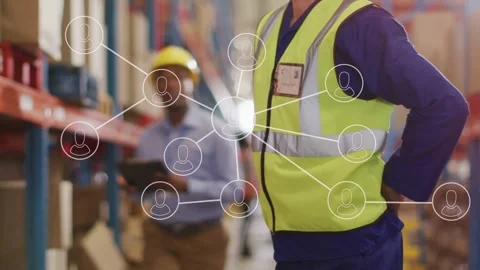 Warehouse worker holding lower back, activating node map showing strain, Stock Footage 334321895
