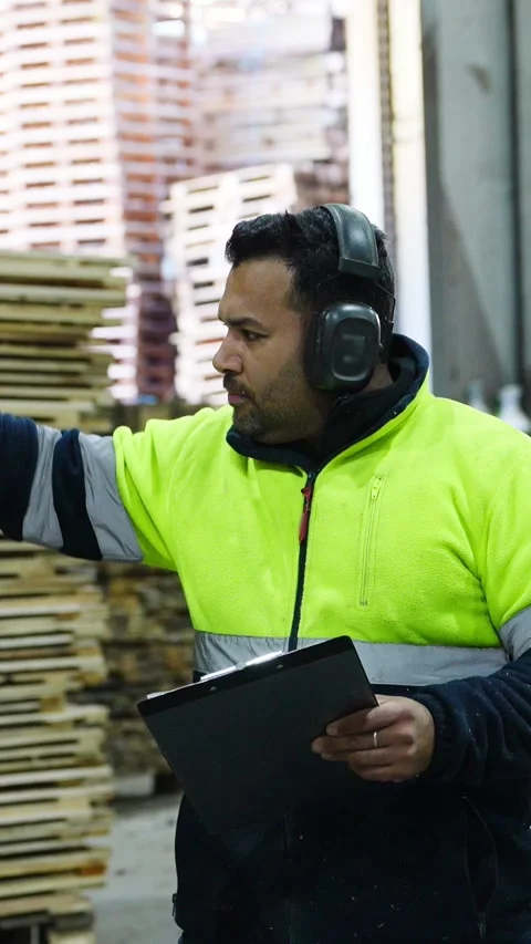 Warehouse worker inspecting pallets in slow motion Stock Footage 313924374