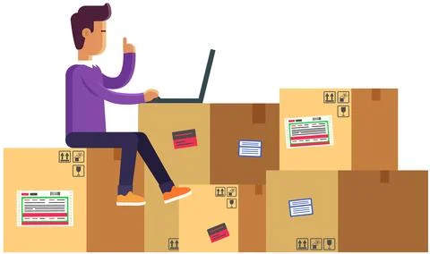 Warehouse worker with laptop and boxes, employee managing goods. Sales manager Stock Illustration