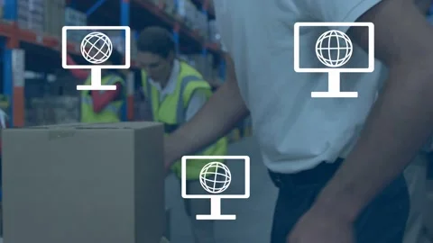 Warehouse worker lifting boxes off stack, causing globe and mail icons fading Stock Footage 332955949