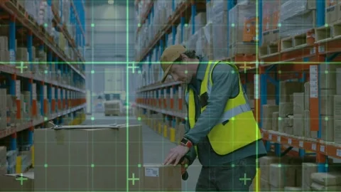 Warehouse worker lifting parcel inspecting label recording on pad while green Stock-Footage 333833766