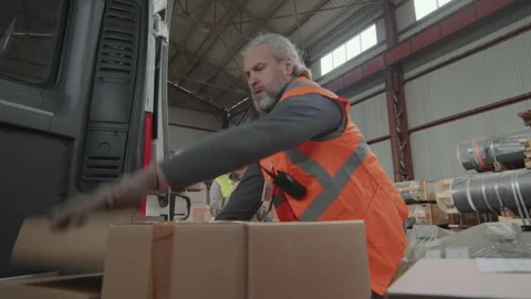 Warehouse Worker Loading Packages into Van and Talking to Forewoman Stock Footage 256066927