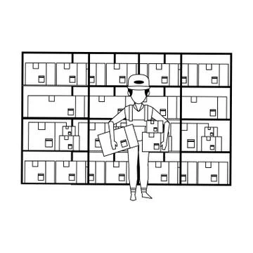 Warehouse worker logistics job concept in black and white Illustrazione stock