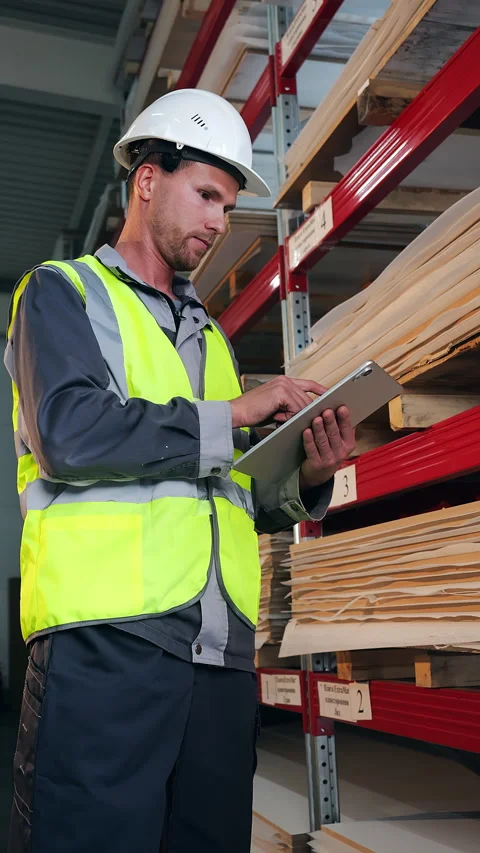 Warehouse Worker Managing Inventory on Tablet Near Storage Racks. 스톡 동영상 347263531