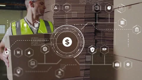 Warehouse worker moving box to stack, lifting stacking, overlay with dollar hex Stock Footage 334202650