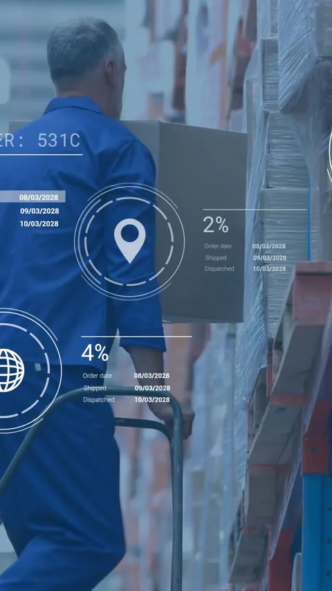 Warehouse worker moving boxes, logistics data processing animation over scene Stock Footage 342954324