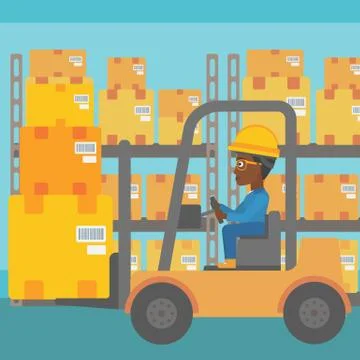 Warehouse worker moving load by forklift truck 스톡 일러스트
