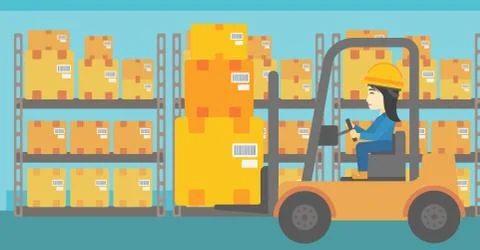 Warehouse worker moving load by forklift truck 스톡 일러스트