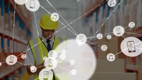 Warehouse worker noting clipboard checking boxes, initiating overlays at hardhat Stock Footage 333901296
