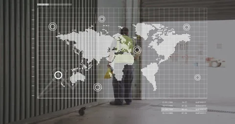 Warehouse worker nudging pallet-jack, raising shutter as world map overlay with Vidéo 312844756