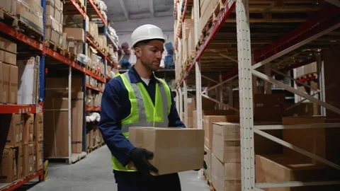 Warehouse Worker Organizing Box on Storage Shelf Stock Footage 294265468