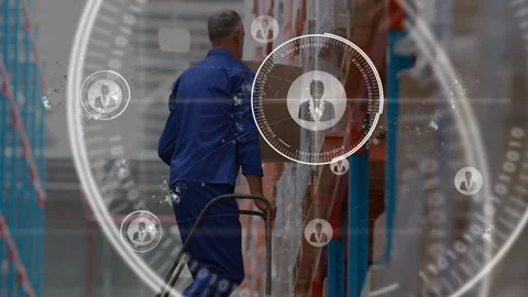 Warehouse worker organizing boxes with digital network connections overlay Stock Footage 304768348