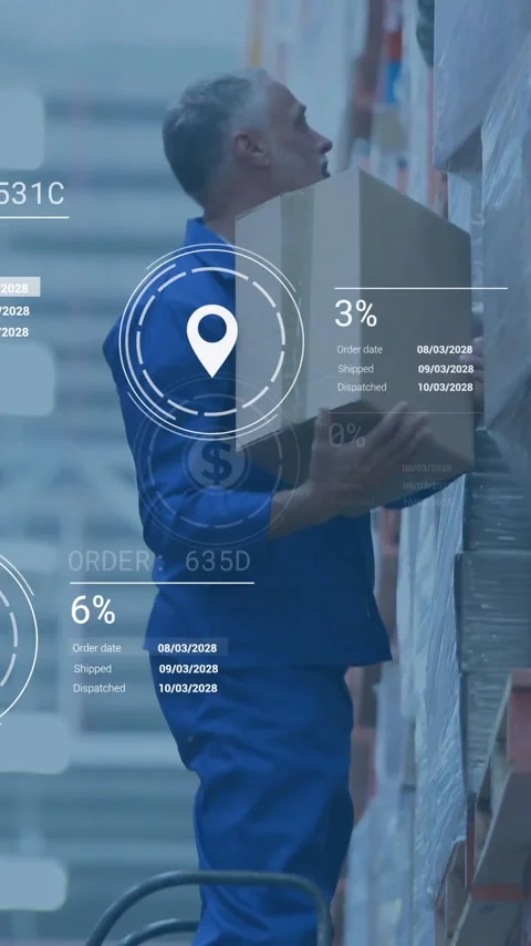 Warehouse worker organizing inventory with data analytics animation overlaid Stock Footage 320093733
