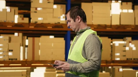 Warehouse worker overseeing pallets details on tablet in busy distribution hub Stock Footage 332911507