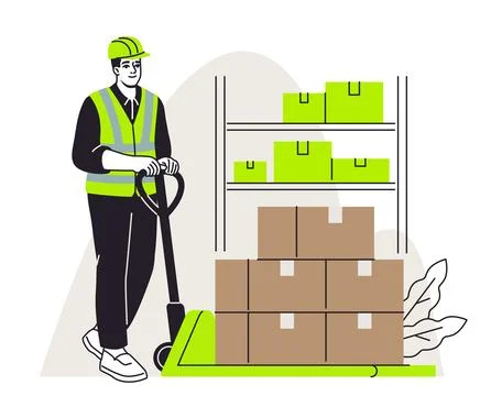 Warehouse Worker with Pallet Jack. Vector illustration Stock Illustration