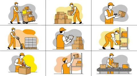 Warehouse worker performing various logistics and delivery tasks. Stock Illustration