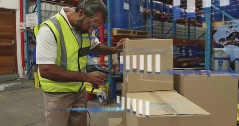 Warehouse worker picking scanner scanning labels activating AR data adjusting Stock Footage 333962850