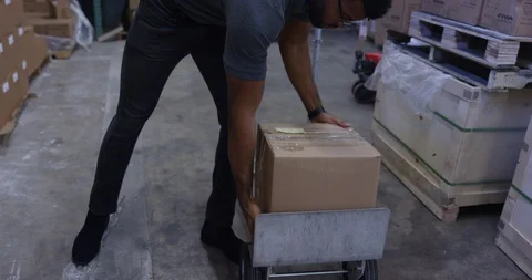 Warehouse worker placing a cargo box on shelf in warehouse Stock Footage 116364736