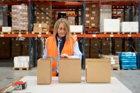 Warehouse worker preparing cardboard boxes for shipping in logistics center Stock Photos
