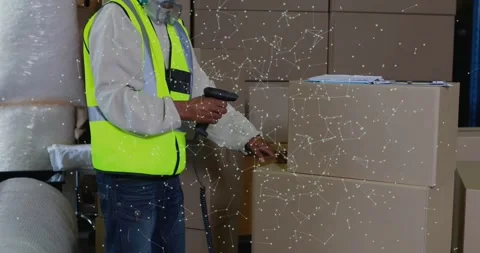 Warehouse worker pressing scanner, scanning boxes, adjusting tape, checking Stock Footage 331062998