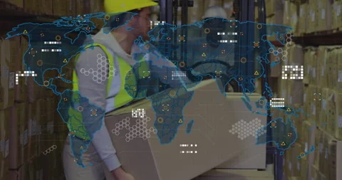 Warehouse worker pulling box while forklift driver activating as map overlay Stock Footage 314791942
