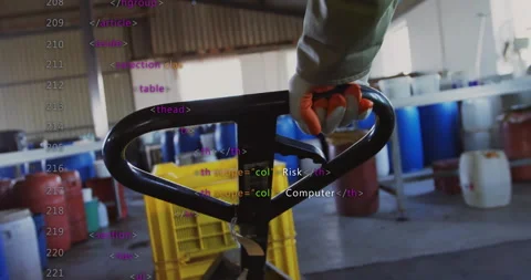 Warehouse worker pulling pallet jack with crate, generating HTML code Stock Footage 312897180