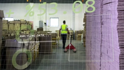 Warehouse worker pulling red pallet jack down aisle, HUD analysing data guiding Stock Footage 333211218
