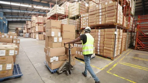 Warehouse Worker Pushes A Hand Pallet Truck With Boxes Stock Footage 248531436