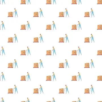Warehouse worker pushing boxes on hand truck pattern Stock Illustration