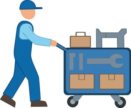 Warehouse worker pushing industrial utility tool trolley Stock Illustration