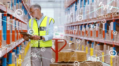 Warehouse worker pushing jack checking notes scanning labels causing data Stock Footage 331062927