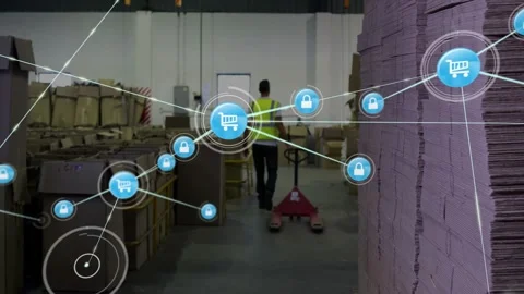 Warehouse worker pushing pallet jack, causing growing blue node web cart or lock Video stock 329929192