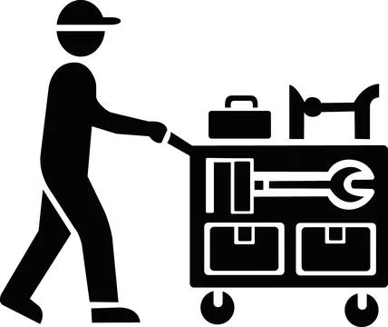Warehouse worker pushing service utility tool cart Stock Illustration