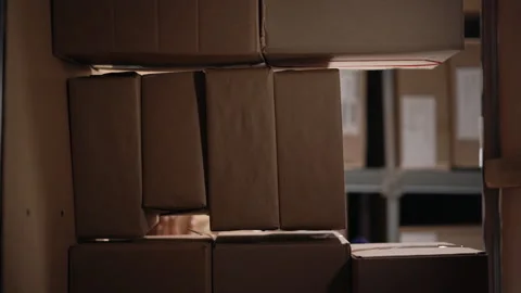 Warehouse worker puts a cardboard box on a shelf with parcels while working in 動画素材 250513621