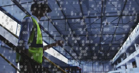 Warehouse worker on railing, camera-pulling closer, raising hand to direct van Stock Footage 329908606