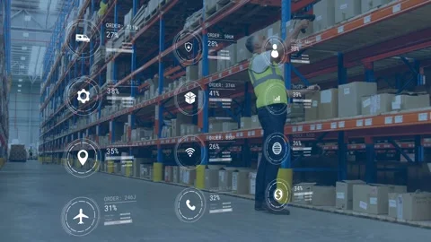 Warehouse worker raising scanner scanning labels causing AR icons, metrics Stock Footage 332625618