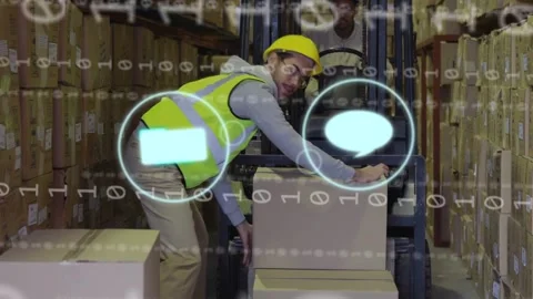 Warehouse worker reaching for box, forklift driver adjusting forks, digital Stock Footage 334202575