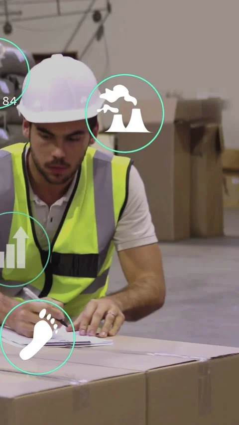Warehouse worker reaching for clipboard, noting inventory and steadying boxes Stock Footage 331790686