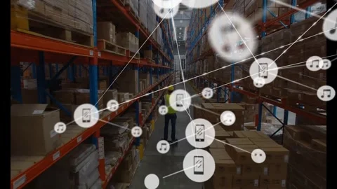 Warehouse worker riding cart moving goods down aisle UI icons rising right Stock Footage 331046131