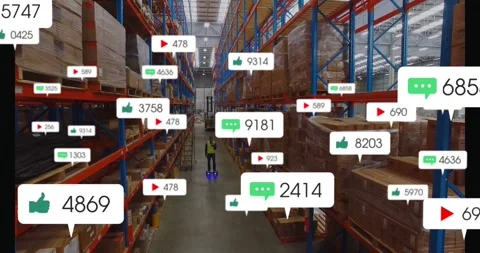 Warehouse worker riding scooter while chat badge multiplying overlays around him Video stock 331872899