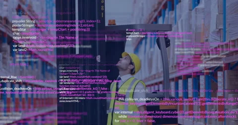 Warehouse worker in safety gear with programming code overlay animation Stock Footage 304076837
