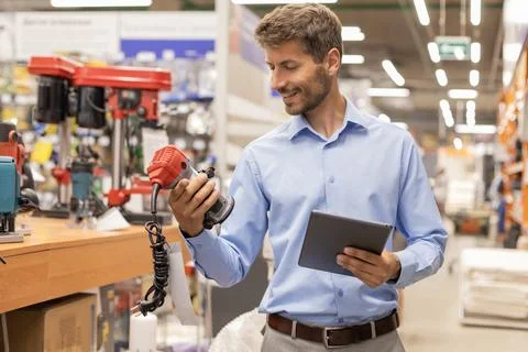 Warehouse worker scan goods in inventory in a hardware store and check stoc.. Stock Photos
