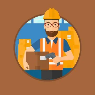 Warehouse worker scanning barcode on box Stock Illustration